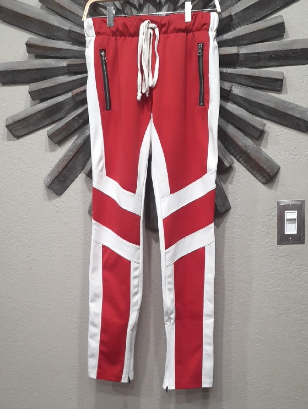 Men's Red and White Athletic Zip-Pocket Track Pants